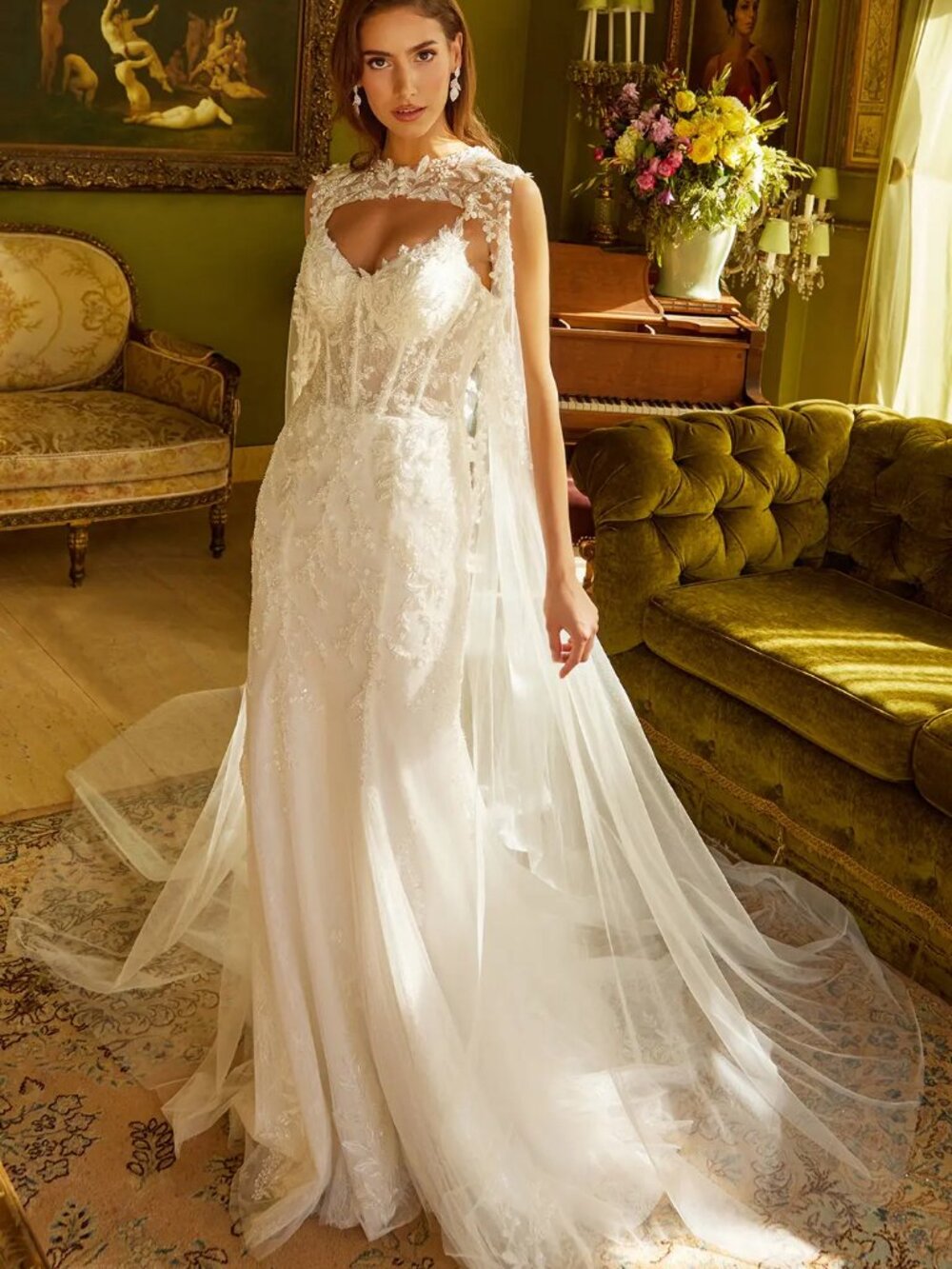 New Off White Wedding Gown w/ Matching Cape & Floral Embroidery GL3532